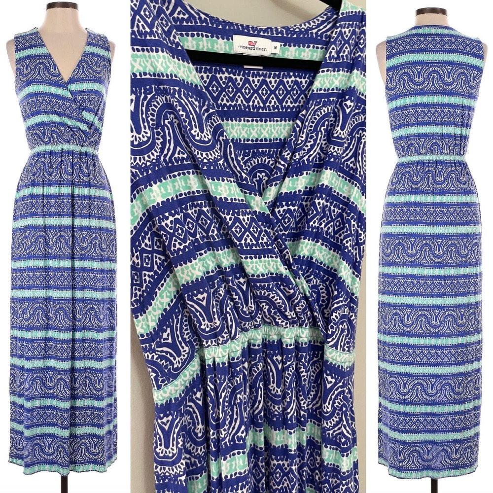 Vineyard Vines Size Medium Blue Preppy Nautical Coastal Wrap Front Maxi Dress M.